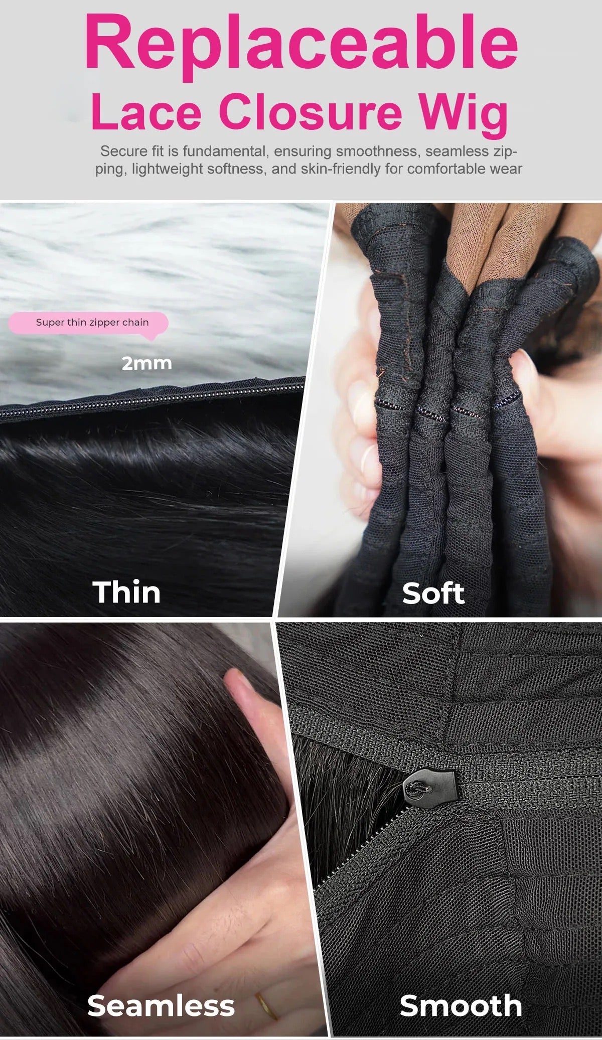 1 Base + 3 pcs frontal Replace Zip Wig