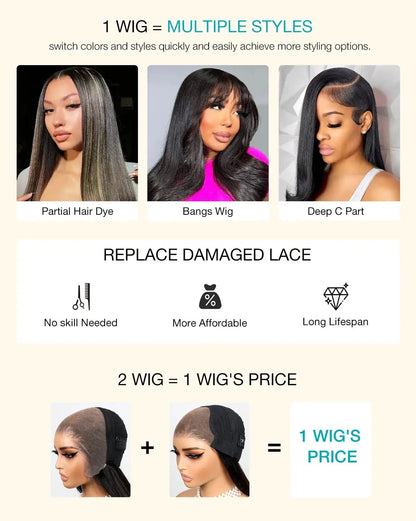 1 Base + 3 pcs frontal Replace Zip Wig